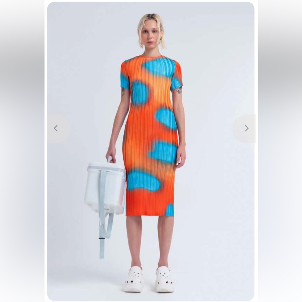 NWT Arthur Box Pleat Quarter Sleeve Dress Coral Spot Print Womens 8 | S658